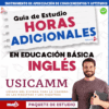 Portada de una guía de estudio titulada "Guía de Estudio Horas Adicionales en Educación Básica Inglés USICAMM". Un hombre sonriente sostiene un libro, y hay coloridos bloques de texto y logotipos.