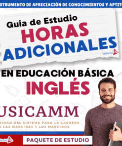 Portada de una guía de estudio titulada "Guía de Estudio Horas Adicionales en Educación Básica Inglés USICAMM". Un hombre sonriente sostiene un libro, y hay coloridos bloques de texto y logotipos.