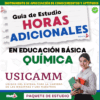 Imagen promocional de una guía de estudio titulada "Guía de Estudio Horas Adicionales en Educación Básica Química USICAMM". A la derecha aparece una mujer con libros en la mano y al fondo diversos elementos educativos.