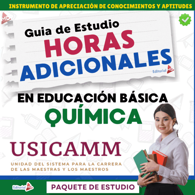 Guía de Estudio HORAS ADICIONALES CIENCIAS QUÍMICA Educación Secundaria- USICAMM 2026 – 2027 + (Simulador 90 Reactivos) 1 Imagen promocional de una guía de estudio titulada "Guía de Estudio Horas Adicionales en Educación Básica Química USICAMM". A la derecha aparece una mujer con libros en la mano y al fondo diversos elementos educativos.
