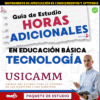 Portada de una guía de estudio titulada "Guía de Estudio Horas Adicionales en Educación Básica Tecnología USICAMM", en la que aparecen dos personas, texto en color y diversos iconos relacionados con la educación.