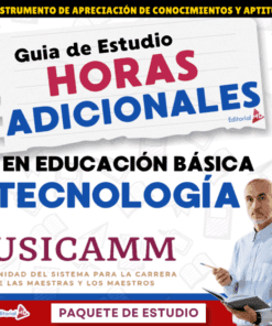 Portada de una guía de estudio titulada "Guía de Estudio Horas Adicionales en Educación Básica Tecnología USICAMM", en la que aparecen dos personas, texto en color y diversos iconos relacionados con la educación.