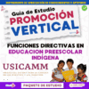Portada de una guía de estudio que muestra a tres niños leyendo juntos un libro. El texto destaca: "Guía de Estudio Promoción Vertical", "Funciones Directivas en Educación Preescolar Indígena" y "USICAMM.