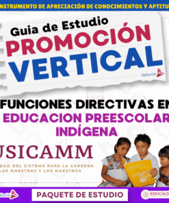 Portada de una guía de estudio que muestra a tres niños leyendo juntos un libro. El texto destaca: "Guía de Estudio Promoción Vertical", "Funciones Directivas en Educación Preescolar Indígena" y "USICAMM.