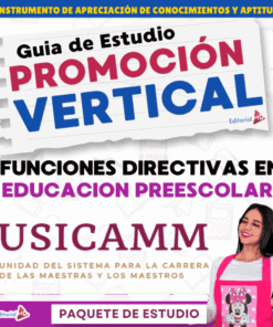 Portada de la guía de estudio para la promoción vertical en el liderazgo de la educación preescolar. Con texto en negrita, una mujer sonriente con un delantal rosa de Minnie Mouse y logotipos de Editorial MD y USICAMM.