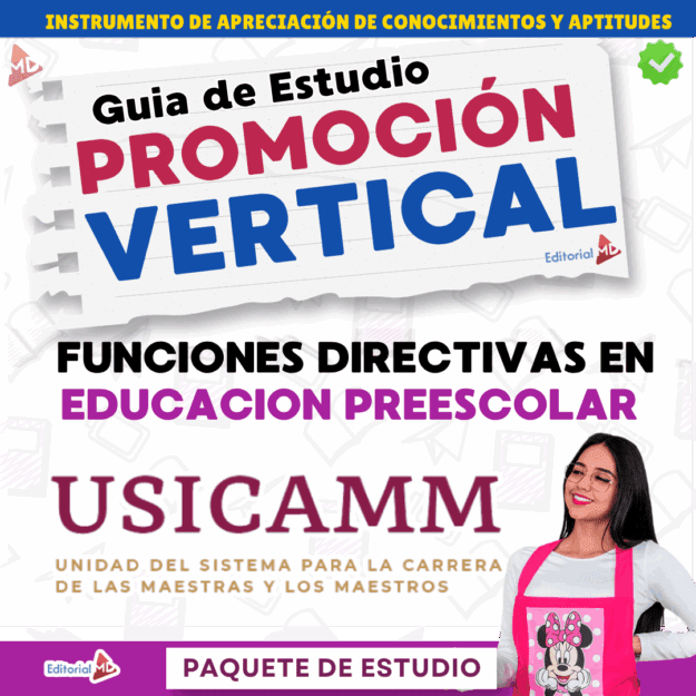 Guía de Apoyo Promoción Vertical Función Directiva en Educación Preescolar - USICAMM 2026 - 2027 + (Simulador 90 Reactivos) 1 Portada de la guía de estudio para la promoción vertical en el liderazgo de la educación preescolar. Con texto en negrita, una mujer sonriente con un delantal rosa de Minnie Mouse y logotipos de Editorial MD y USICAMM.