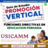 Portada de la guía de estudio a color en español con texto en negrita: "Guía de Estudio Promoción Vertical, Funciones Directivas en Educación Primaria, USICAMM". La imagen muestra a un profesor con tres jóvenes estudiantes leyendo juntos.