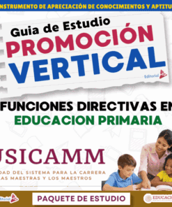 Portada de la guía de estudio a color en español con texto en negrita: "Guía de Estudio Promoción Vertical, Funciones Directivas en Educación Primaria, USICAMM". La imagen muestra a un profesor con tres jóvenes estudiantes leyendo juntos.