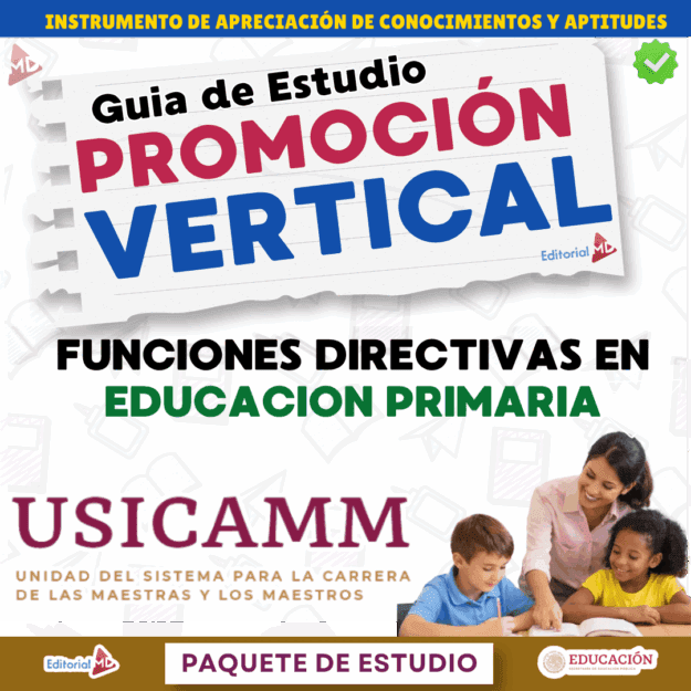 Guía de Apoyo Promoción Vertical Función Directiva Educación Primaria- USICAMM 2026 - 2027 + (Simulador 90 Reactivos 1 Portada de la guía de estudio a color en español con texto en negrita: "Guía de Estudio Promoción Vertical, Funciones Directivas en Educación Primaria, USICAMM". La imagen muestra a un profesor con tres jóvenes estudiantes leyendo juntos.