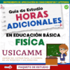 Portada de una guía de estudio titulada "Guía de Estudio Horas Adicionales en Educación Básica Física USICAMM" con caricatura de un profesor ante una pizarra y varios bloques de texto de colores.