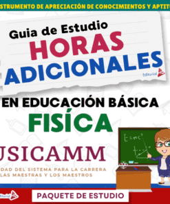 Portada de una guía de estudio titulada "Guía de Estudio Horas Adicionales en Educación Básica Física USICAMM" con caricatura de un profesor ante una pizarra y varios bloques de texto de colores.