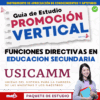 Portada de una guía de estudio de "Promoción Vertical" para puestos directivos de secundaria, titulada "Funciones Directivas en Educación Secundaria USICAMM", en la que aparece una mujer sonriente sosteniendo libros.
