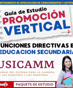 Portada de una guía de estudio de "Promoción Vertical" para puestos directivos de secundaria, titulada "Funciones Directivas en Educación Secundaria USICAMM", en la que aparece una mujer sonriente sosteniendo libros.