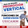 Portada de una guía de estudio titulada "Guía de Estudio Promoción Vertical" para funciones de supervisión en USICAMM, con un hombre sosteniendo papeles, gráficos relacionados con la educación y texto en color y en negrita.
