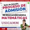 Portada de una guía de estudio en español para el proceso de admisión a la educación básica en matemáticas de la USICAMM, con texto en negrita y una mujer sonriente con gafas sosteniendo libros en la esquina inferior derecha.