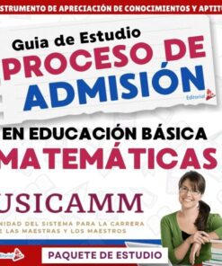 Portada de una guía de estudio en español para el proceso de admisión a la educación básica en matemáticas de la USICAMM, con texto en negrita y una mujer sonriente con gafas sosteniendo libros en la esquina inferior derecha.