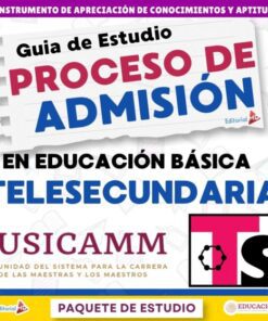 Portada de una guía de estudio para el proceso de admisión a telesecundaria de educación básica, con texto en negritas y logotipos de Editorial MD, USICAMM y Telesecundaria, con secciones y rótulos a color.