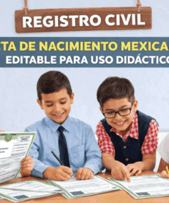 Cuatro niños sonrientes se sientan a una mesa, mirando y sosteniendo formularios impresos que parecen certificados de nacimiento mexicanos. El texto sobre ellos dice: "Registro Civil. Acta de nacimiento mexicana - editable para uso didáctico".