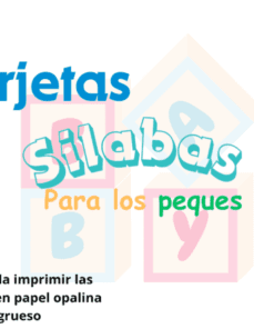 Texto que dice "Tarjetas Sílabas para los peques" en fuentes de colores sobre bloques de letras pastel que deletrean "BABY". Debajo, hay un recordatorio: "Recuerda imprimir las tarjetas en papel opalina grueso.