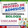 Portada de una guía de estudio para el proceso de admisión al USICAMM en biología de educación básica, con ilustraciones a color de plantas, animales y equipo científico, con texto en negritas y acentos verdes.