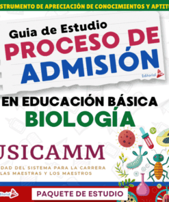 Portada de una guía de estudio para el proceso de admisión al USICAMM en biología de educación básica, con ilustraciones a color de plantas, animales y equipo científico, con texto en negritas y acentos verdes.
