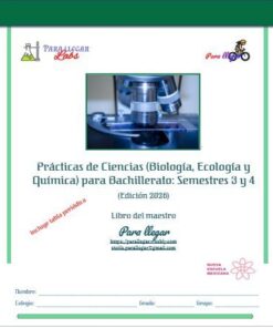 Portada de un libro de ciencias para profesores de bachillerato, con foto de microscopio, iconos de laboratorio y bicicleta, y texto sobre prácticas de biología, ecología y química para los semestres 3 y 4, edición 2026.