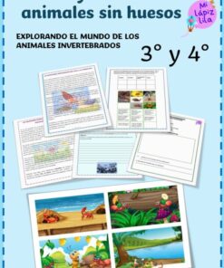 Portada de un cuadernillo educativo titulado "Cuentos y aventuras de animales sin huesos" con páginas ilustradas a todo color con animales invertebrados, fichas de actividades y escenas de cuentos, para alumnos de 3º y 4º de primaria.