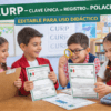 Cuatro niños sonrientes se sientan en una mesa de clase, examinando y discutiendo documentos CURP. Una niña lleva auriculares, otra sujeta un portapapeles y un niño utiliza una lupa. Al fondo se ve un cartel del CURP.
