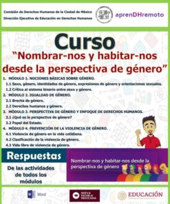 Cartel promocional de un curso titulado "Nombrar-nos y habitar-nos desde la perspectiva de género", en el que se enumeran seis módulos sobre perspectivas de género y aparecen personajes de dibujos animados y logotipos de instituciones educativas mexicanas.