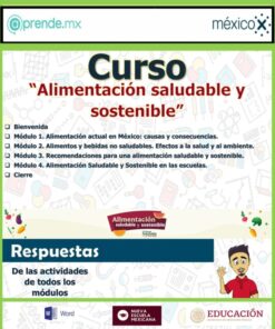 Folleto digital de un curso titulado "Alimentación saludable y sostenible", con módulos sobre alimentación saludable, recomendaciones y alimentación en las escuelas. Incluye logotipos de Aprende.mx, SEP, Word y un personaje ilustrado.