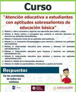 Curso sobre atención educativa a estudiantes con aptitudes sobresalientes de educación básica; incluye módulos sobre marco normativo, detección, evaluación, intervención y orientación a padres, con logotipos oficiales.