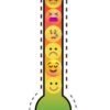 Un termómetro gráfico con siete caras emoji apiladas verticalmente, que van desde una cara verde sonriente en la parte inferior hasta una cara roja enfadada en la parte superior, representando diferentes emociones, desde la calma hasta el enfado.