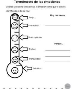 Hoja de trabajo en blanco y negro titulada "Termómetro de las emociones" muestra un termómetro con caras para las emociones: Enojo, Frustración, Preocupación, Tristeza, Tranquilidad y Felicidad. Espacios para escribir sentimientos y razones.