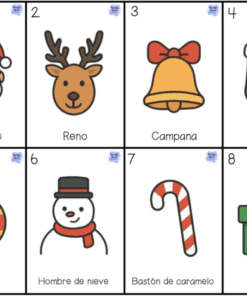 Ocho iconos navideños ilustrados con etiquetas en español: Papá Noel, reno, campana, media, adorno, muñeco de nieve, bastón de caramelo y regalo, cada uno numerado y situado en una cuadrícula con fondo blanco.