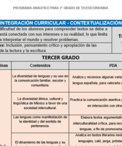 Documento de planeación curricular para telesecundaria de 3er grado, que muestra una tabla con temas, contenidos y actividades de aprendizaje. Se centra en la diversidad lingüística, la comunicación y las habilidades lectoras.