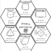 Gráfico hexagonal en español que muestra fórmulas de área y perímetro para seis formas: cuadrado, rectángulo, círculo, triángulo, rombo y paralelogramo, cada una con diagramas y fórmulas etiquetados dentro de hexágonos alrededor de un título central.