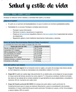 Una infografía educativa titulada "Salud y estilo de vida". Explica el sueño, sus funciones, las horas de sueño recomendadas según la edad y las etapas del ciclo del sueño, mediante cuadros de texto y tablas en español.