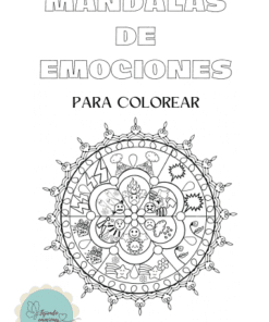Portada con el título "Mandalas de Emociones para Colorear" en letras grandes. Debajo aparece un mandala con caras de distintas emociones. En la esquina inferior izquierda aparece un logotipo redondo.