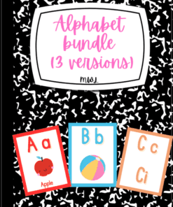 Una cubierta de cuaderno de composición con la etiqueta "Paquete del abecedario (3 versiones)" con tres tarjetas del abecedario en la parte inferior: A con una manzana, B con una pelota de playa y C con una galleta, cada una con bordes de colores.