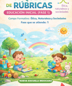 Colorida portada de un paquete de rúbricas para educación infantil. Muestra a dos niños jugando al aire libre con bloques, un conejo y un pájaro bajo un cielo soleado con un arco iris. El texto incluye "Ética, naturaleza y sociedades" y "Editorial MD.