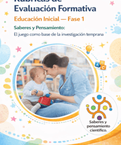 Una mujer y un niño de corta edad juegan juntos en el suelo de una habitación colorida y acogedora para los niños. El texto destaca las rúbricas de evaluación formativa para la educación infantil, centrándose en el conocimiento y el pensamiento a través del juego.