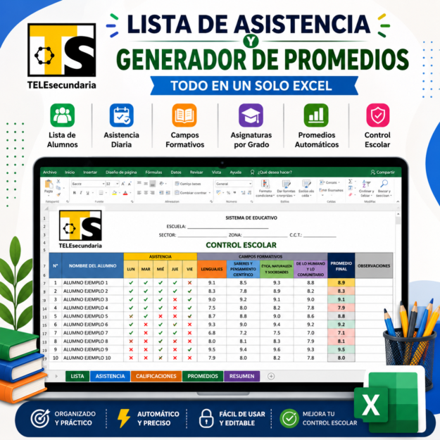 Lista de asistencia y Generador automático de Promedios (Excel) Telesecundaria 2026 – 2027 NEM 1 Hoja de cálculo para gestionar la asistencia y las calificaciones en Telesecundaria, con automatización e interfaz de registro escolar.