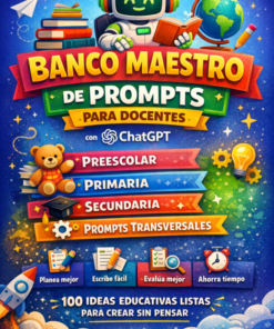 Un colorido póster con un robot sonriente leyendo un libro, libros y un globo terráqueo. Texto: "Banco Maestro de Prompts para Docentes con ChatGPT-Preescolar, Primaria, Secundaria, Prompts Transversales. 100 ideas educativas listas para crear sin pensar".