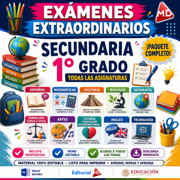 Exámenes Extraordinarios Secundaria 1° Grado NEM (TODAS LAS ASIGNATURAS) | Word Editable 1 Exámenes Extraordinarios Secundaria 1° Grado NEM (TODAS LAS ASIGNATURAS) | Word Editable