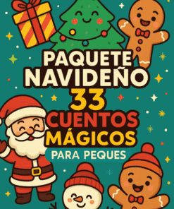 Colorida ilustración navideña con un árbol sonriente, una caja de regalos, galletas de jengibre, Papá Noel y adornos festivos. El texto en español dice: "Paquete Navideño: 33 Cuentos Mágicos para Peques.
