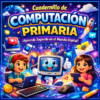 Dos niños utilizan un portátil y una tableta con un alegre ordenador animado entre ellos. El fondo es colorido y de temática digital, con iconos, un paisaje urbano y un cohete. El texto dice: "Cuadernillo de Computación Primaria.