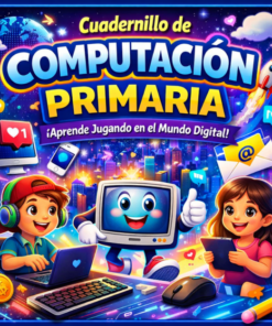 Dos niños utilizan un portátil y una tableta con un alegre ordenador animado entre ellos. El fondo es colorido y de temática digital, con iconos, un paisaje urbano y un cohete. El texto dice: "Cuadernillo de Computación Primaria.