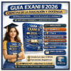 Una imagen promocional de la guía de examen "Guía EXANI II 2026 Ciencias de la Educación y Docencia" muestra a un licenciado sonriente sosteniendo el libro. Junto a iconos de colores se enumeran las características y las materias tratadas, como biología y matemáticas.