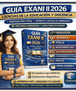 Una imagen promocional de la guía de examen "Guía EXANI II 2026 Ciencias de la Educación y Docencia" muestra a un licenciado sonriente sosteniendo el libro. Junto a iconos de colores se enumeran las características y las materias tratadas, como biología y matemáticas.