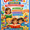 Portada ilustrada a todo color de un cuaderno de ejercicios para niños titulado "Cuadernillo de Oraciones Cortas", en el que aparecen niños felices leyendo libros, rodeados de estrellas, tildes y pancartas de colores que destacan sus beneficios educativos.